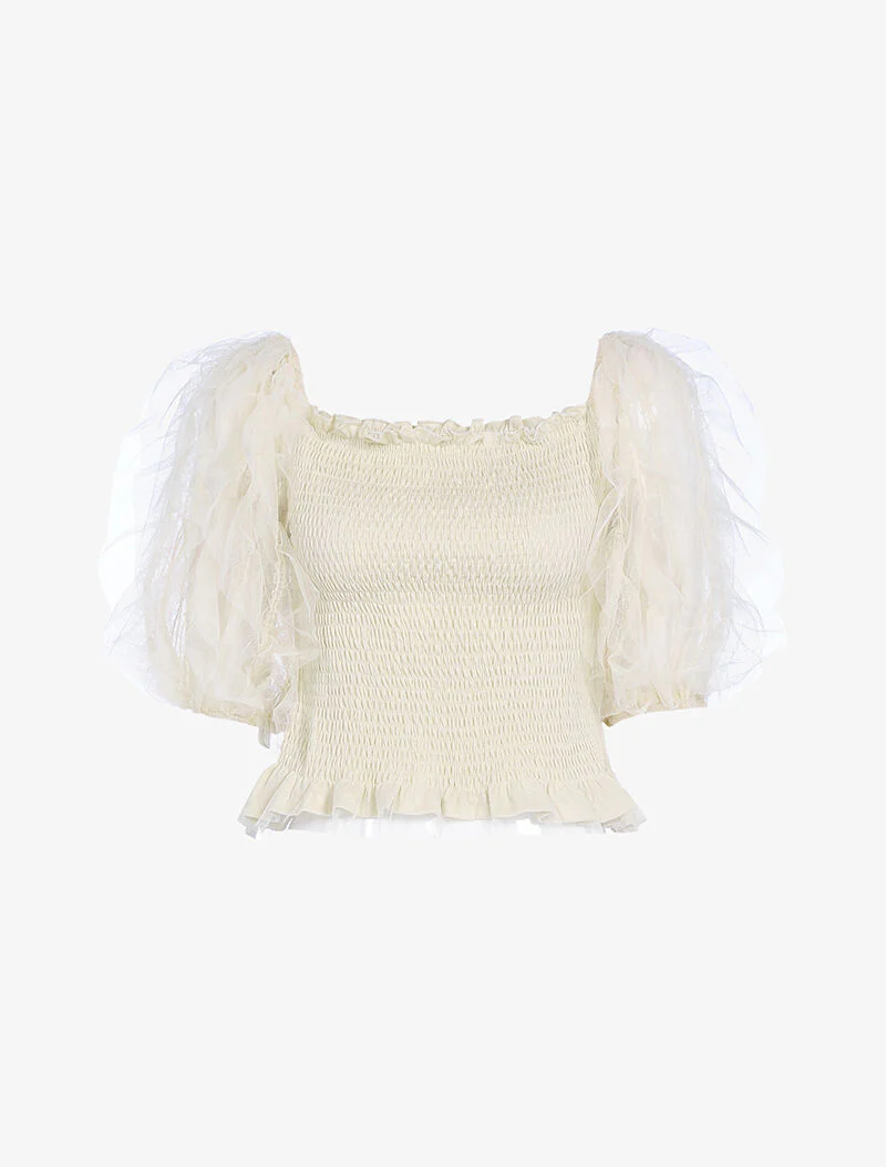 Crop top met ruches en pofmouwen - beige