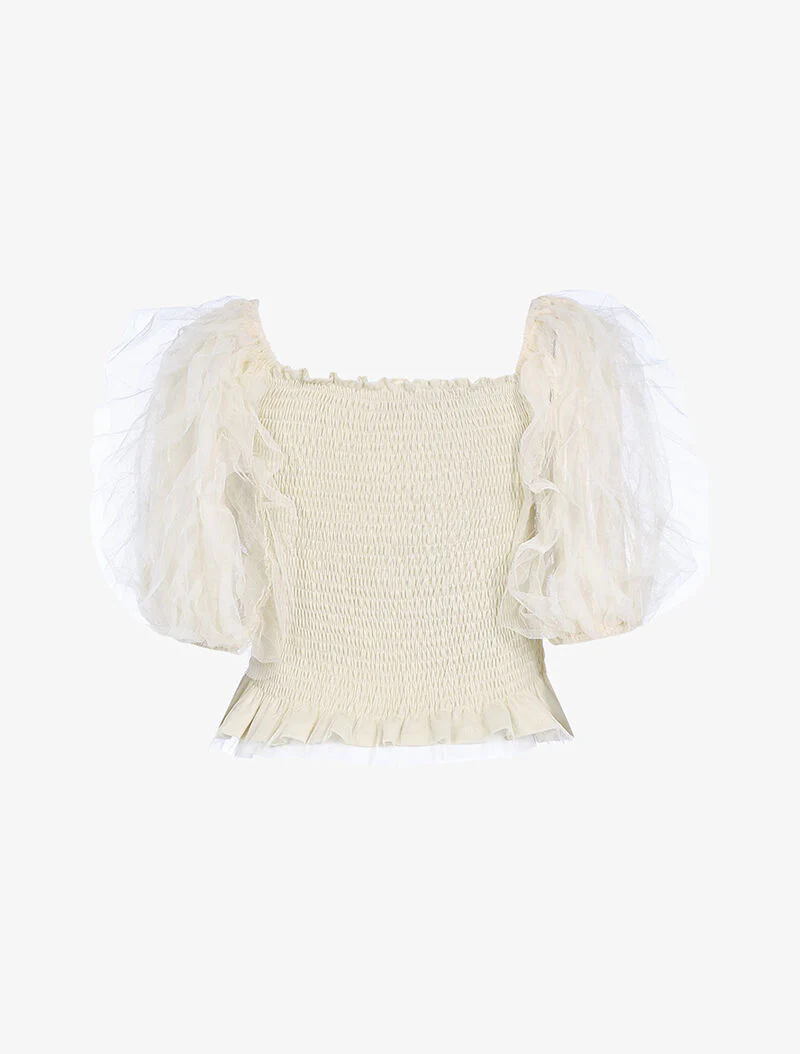 Crop top met ruches en pofmouwen - beige - Image 2