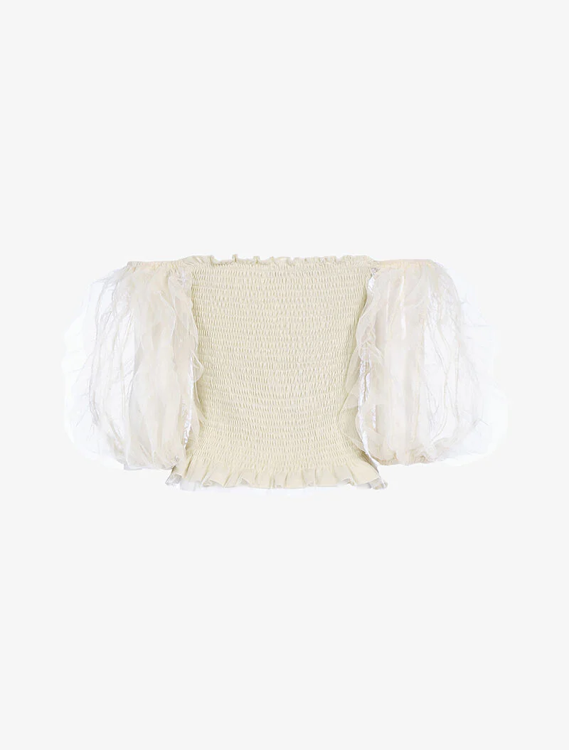 Crop top met ruches en pofmouwen - beige - Image 4