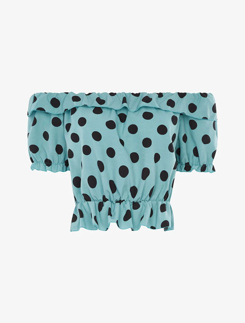Satijnen crop top met stippen - turquoise