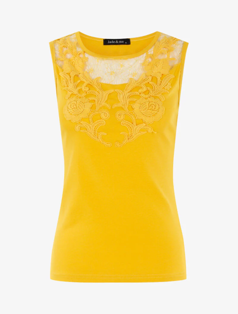 Mouwloos shirt met kanten borststuk - mosterdgeel