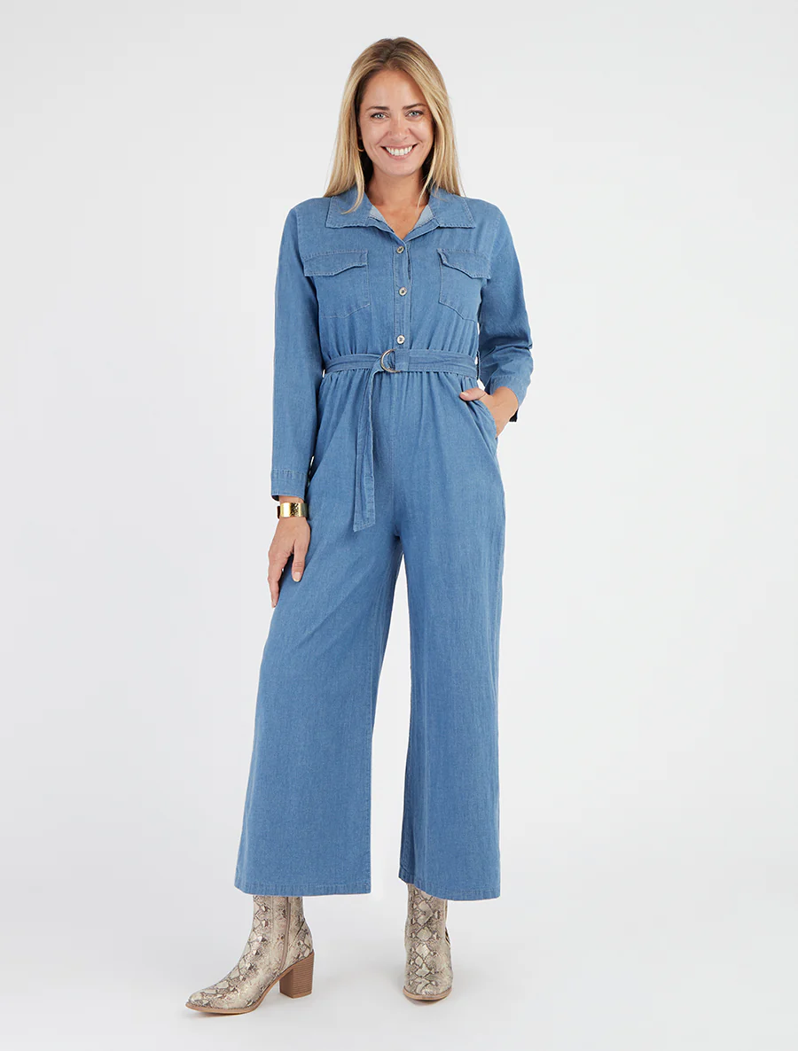 Denim jumpsuit met elastische tailleband - Lichtblauw - Image 4