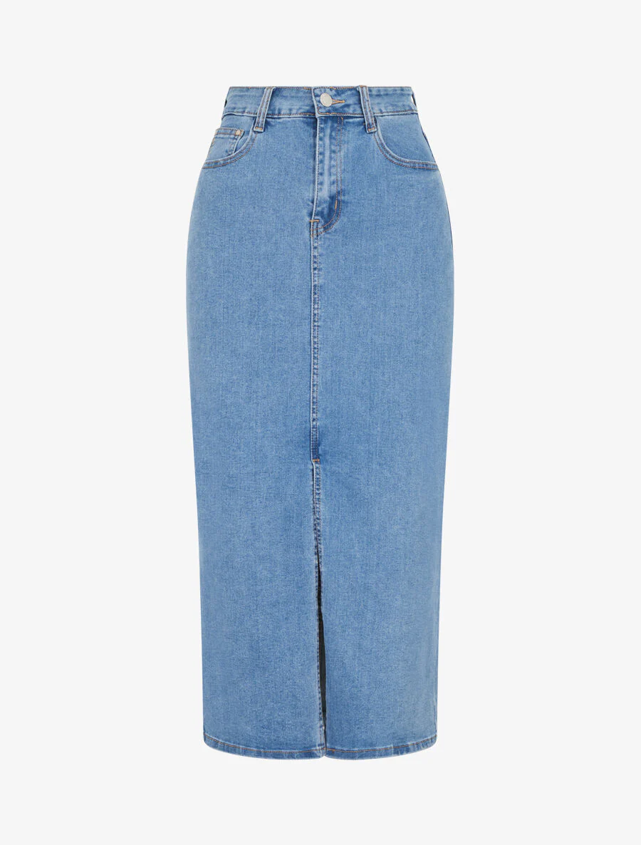 Denim midirok met hoge taille - blauw