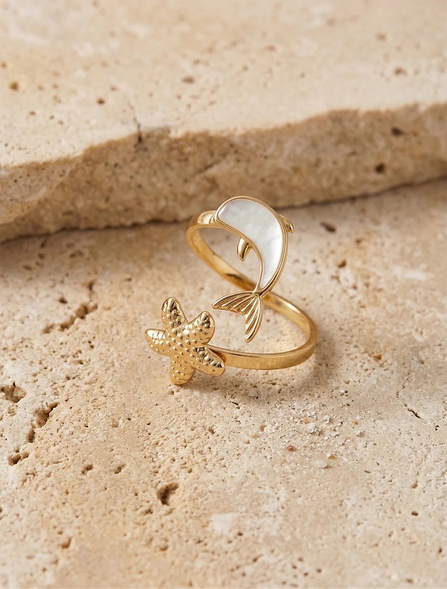 Dolfijn en zeester motief ring - Goud