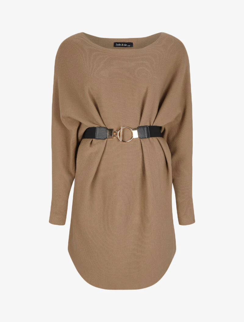 Gebreide tuniek met dolmanmouwen en boothals - Beige