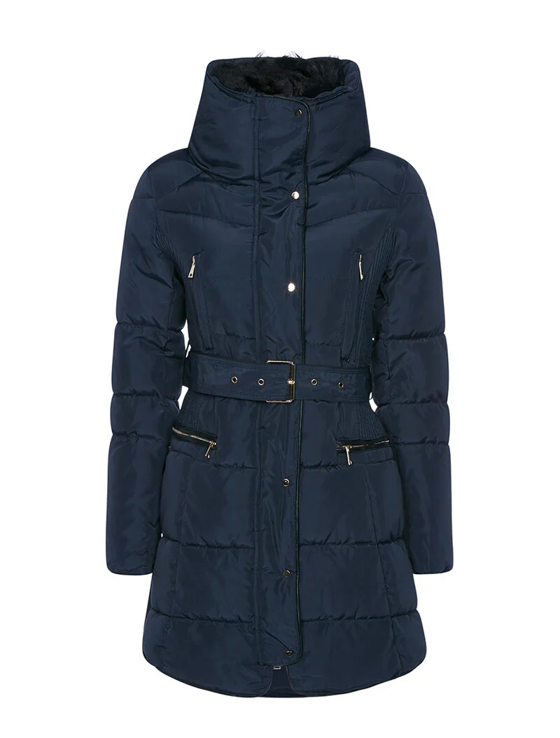 Donsjas met bontkraag en stretch ribbels - marine