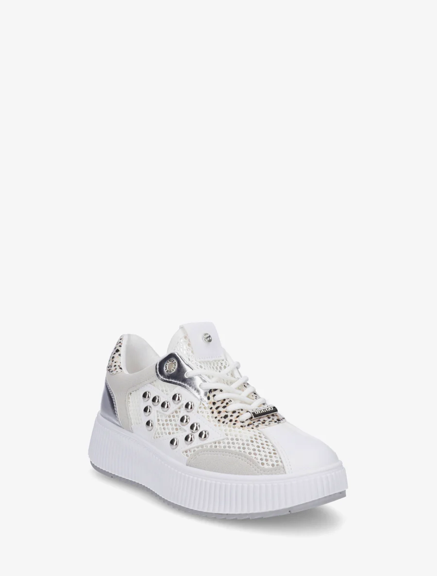 Doorgestikte sneakers met strass en geribbelde plateauzool. - Grijs - Image 2
