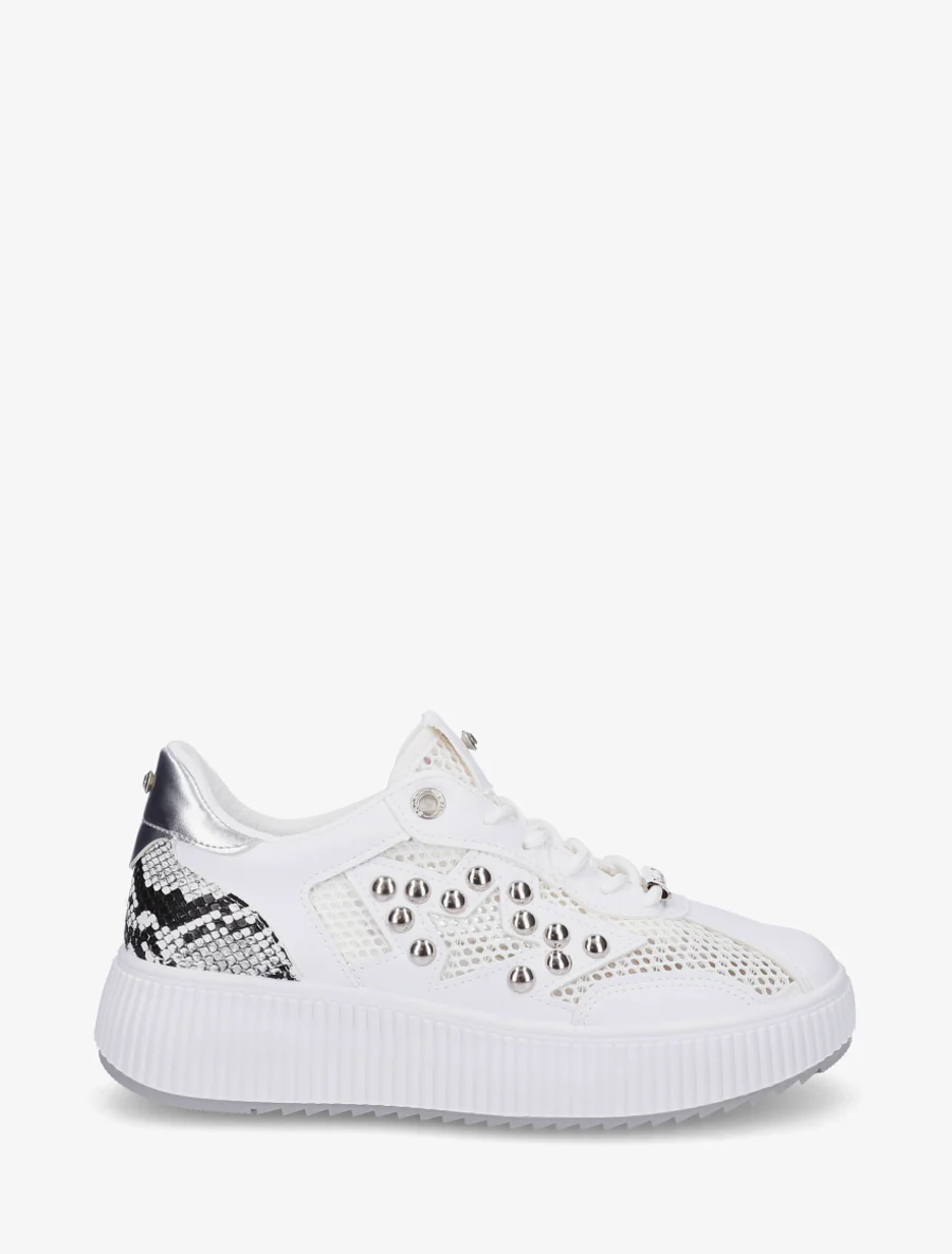 Doorgestikte sneakers met strass en geribbelde plateauzool. - Wit