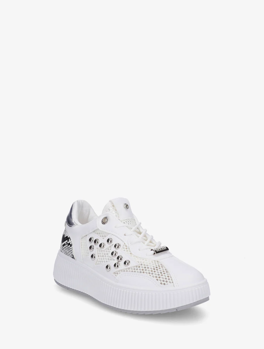 Doorgestikte sneakers met strass en geribbelde plateauzool. - Wit - Image 2