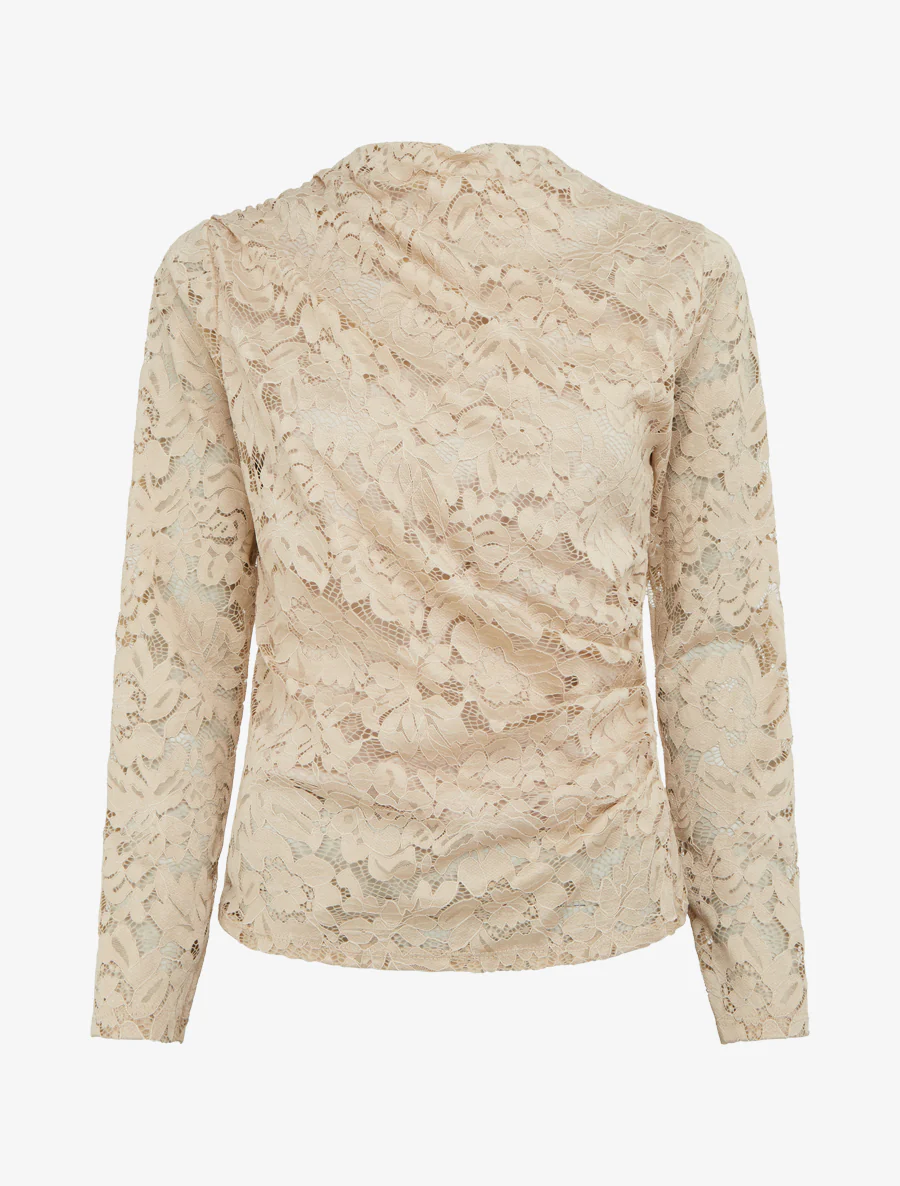 Draperende kanten top met lange mouwen - Beige