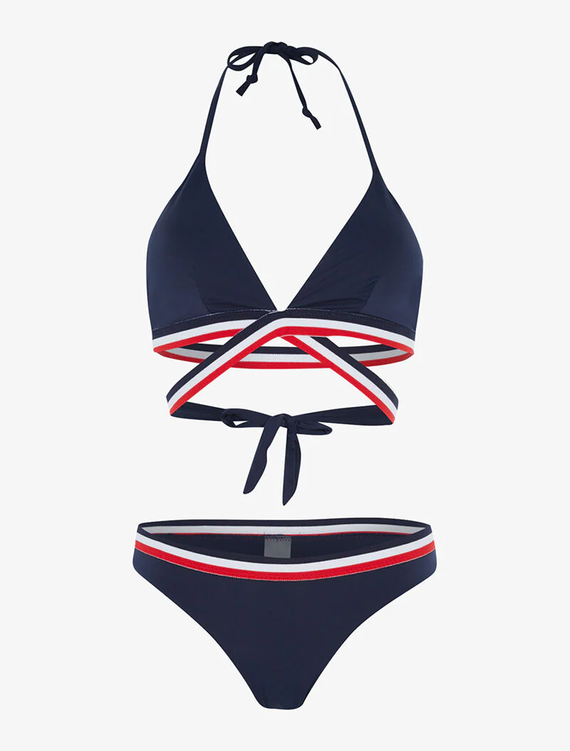 Driekleurige bandjes triangelbikini - marineblauw