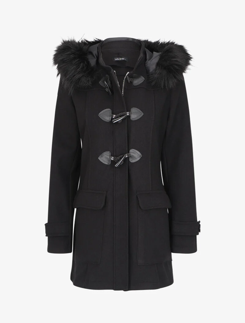 Dufflecoat met capuchon in imitatiebont - Zwart