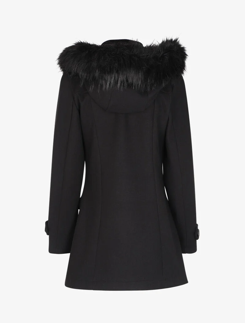 Dufflecoat met capuchon in imitatiebont - Zwart - Image 2