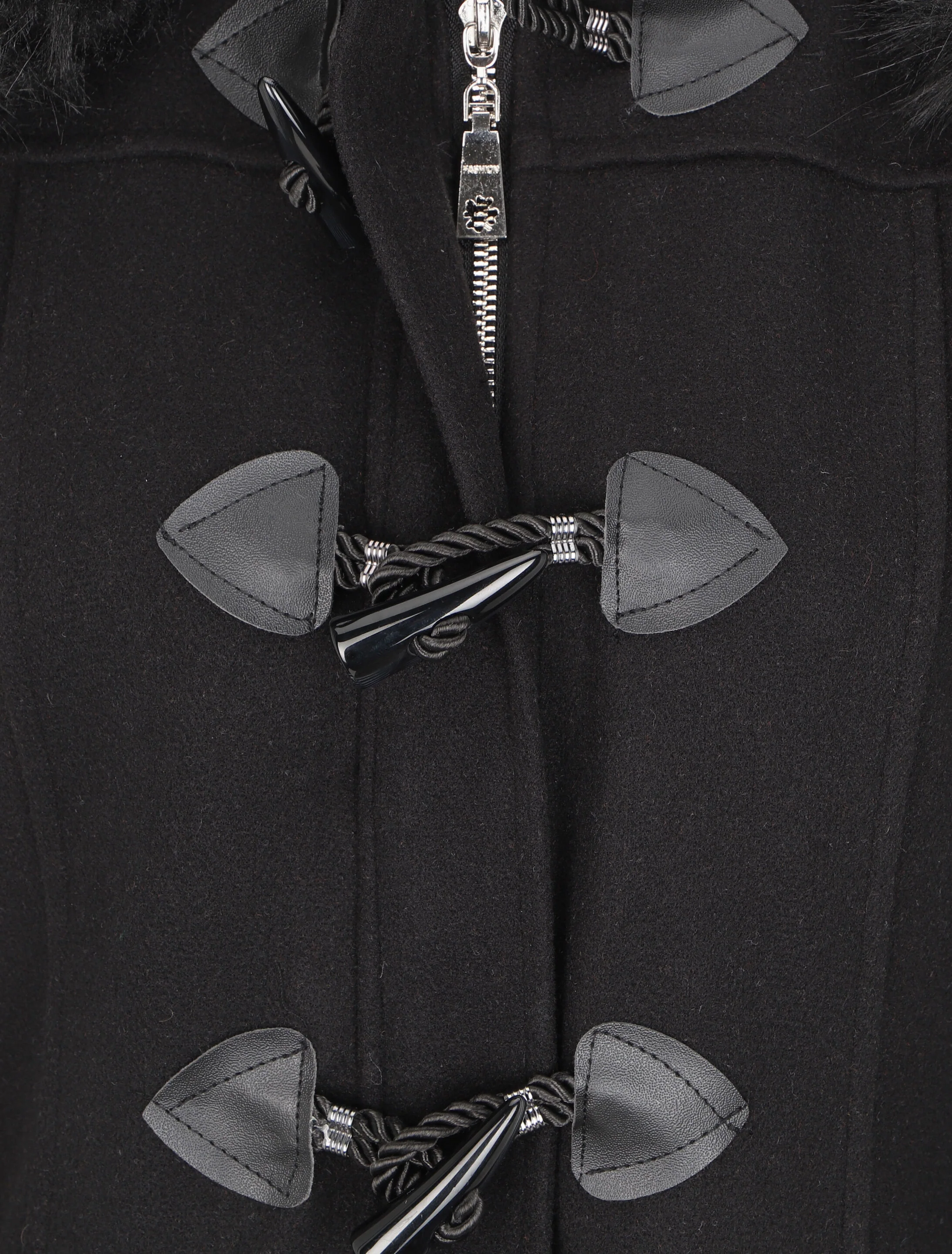 Dufflecoat met capuchon in imitatiebont - Zwart - Image 3