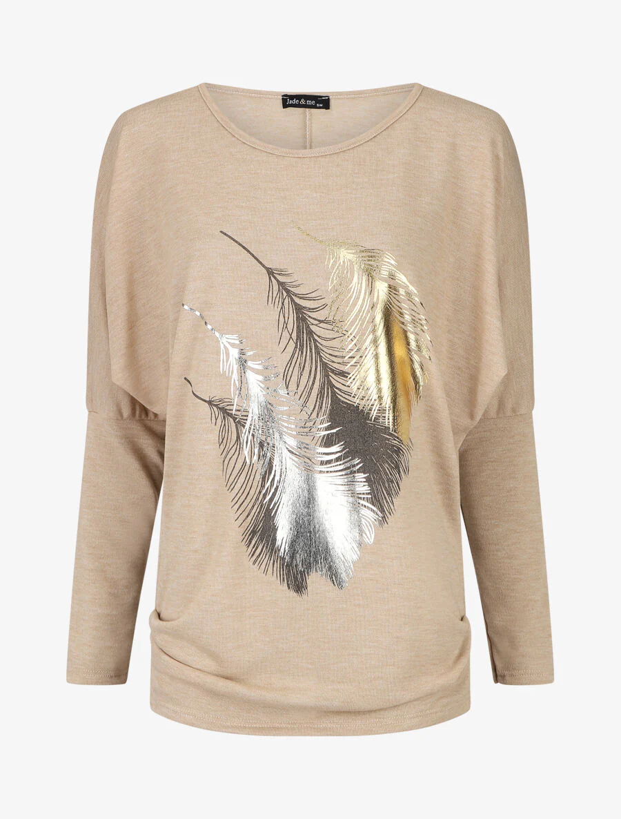 Dunne trui met iriserende 4-veren print - beige
