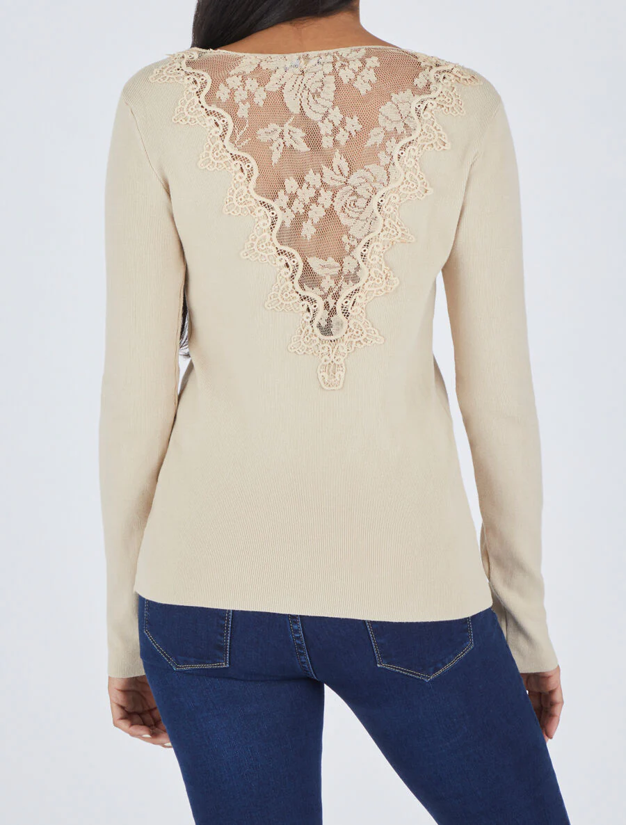 Dunne trui met kanten rug - beige