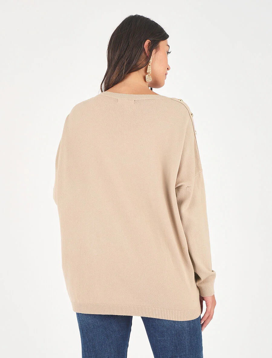 Dunne trui met ronde hals en sierknopen - beige - Image 2