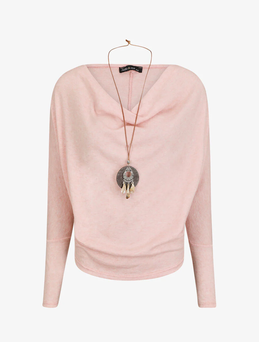 Dunne trui met wijde watervalhals - Roze