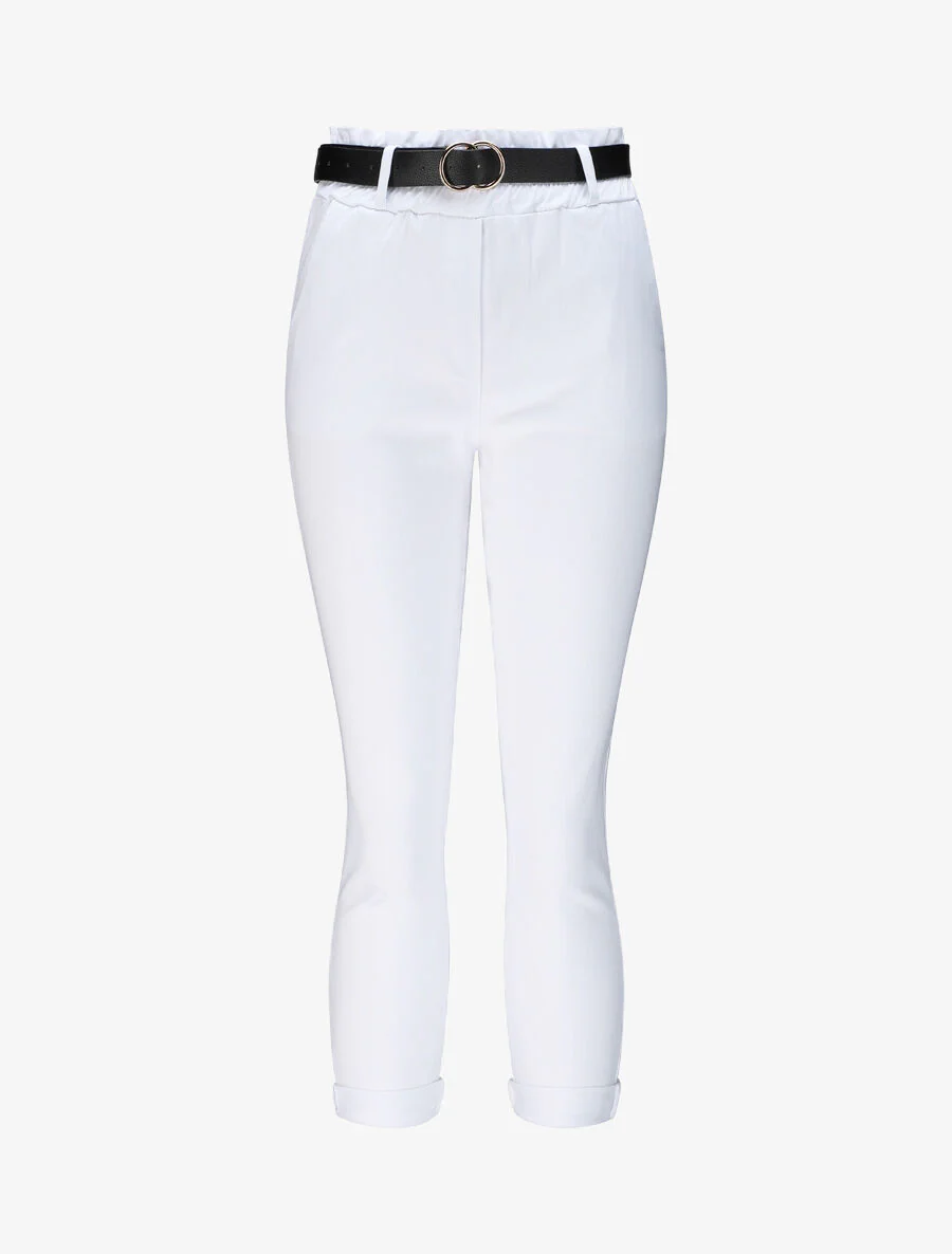 Een effen paper bag broek met riem - Wit