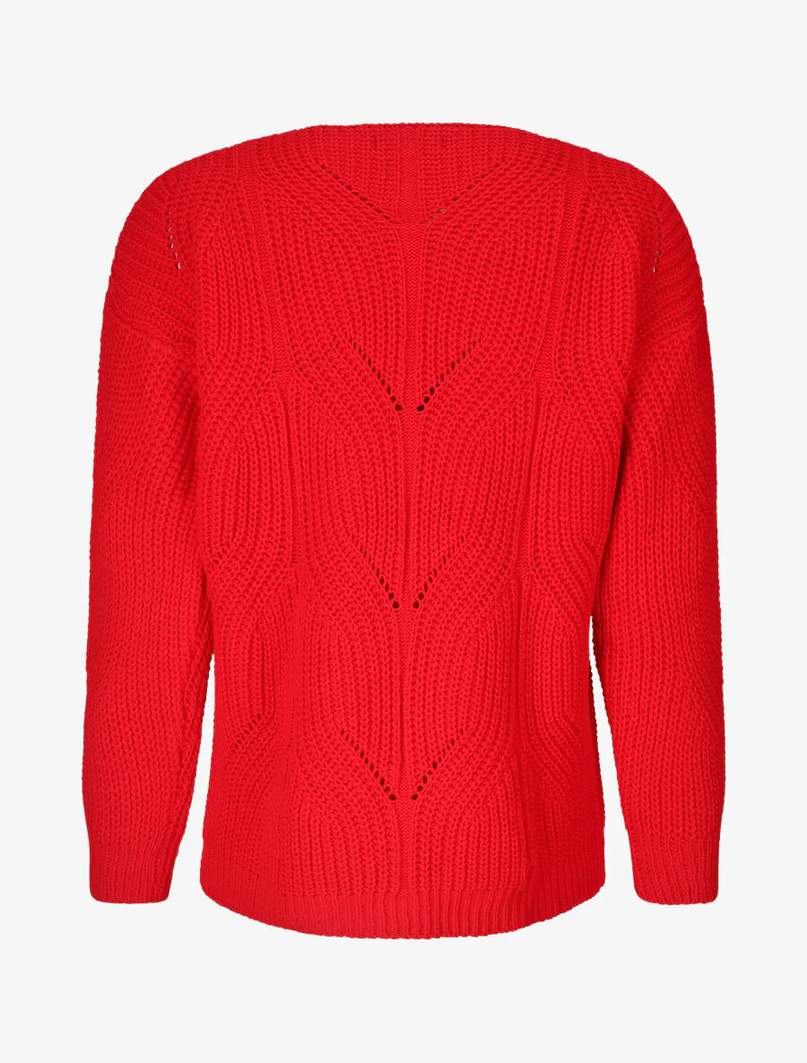 Een effen trui met een ronde hals in een grote tricotsteek - Rood - Image 2