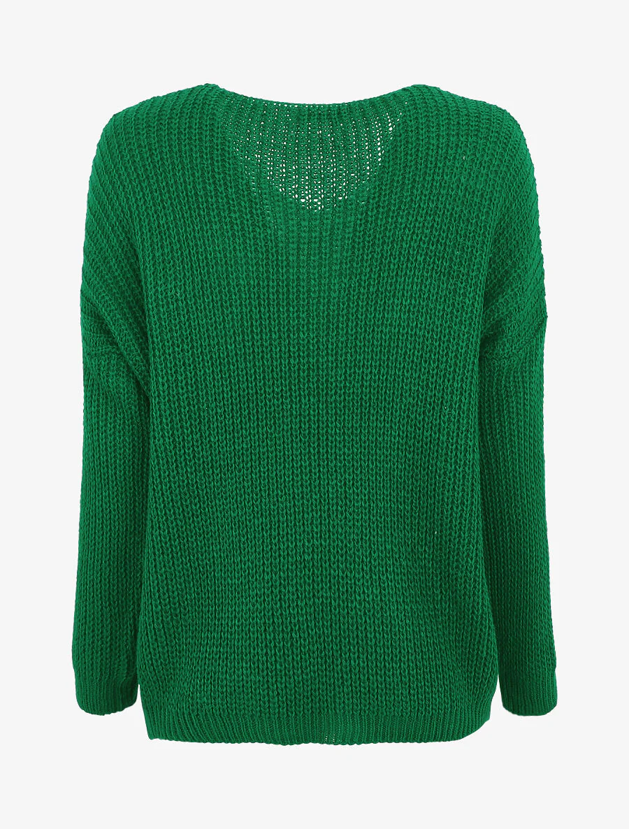 Een effen trui met een V-hals en een gevlochten rand. - Groen - Image 2