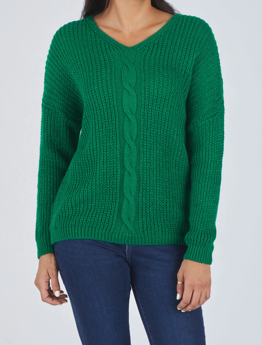Een effen trui met een V-hals en een gevlochten rand. - Groen - Image 4