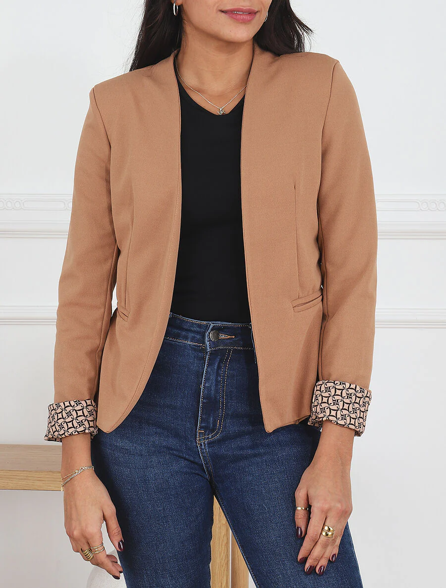 Effen blazer met revers en alfabetprint - Kameel - Image 4