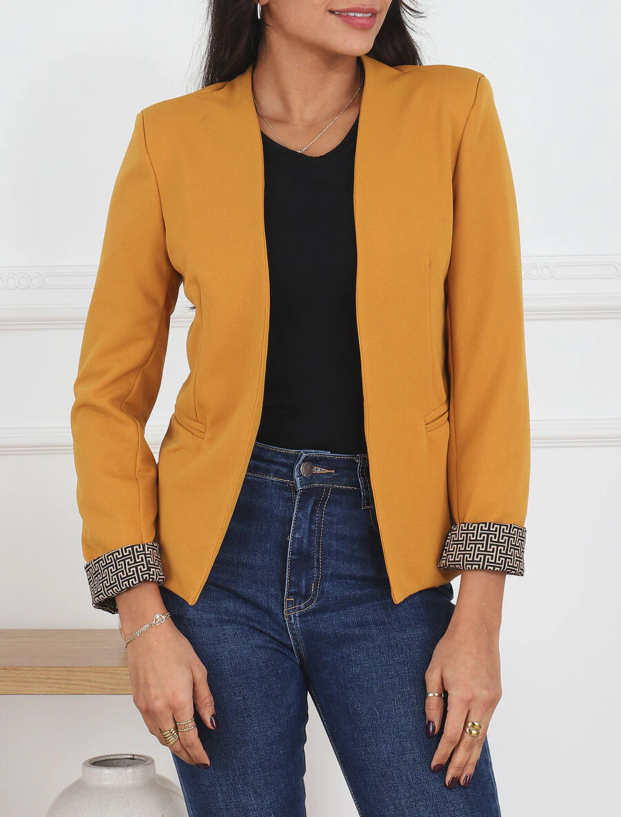Effen blazer met revers en Griekse print - Mosterdgeel - Image 4