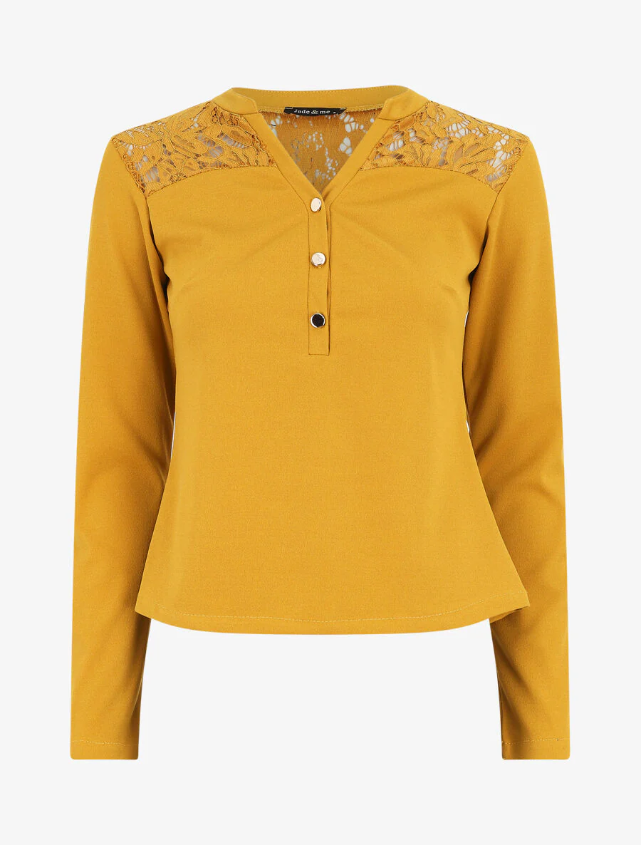 Effen blouse met kant - Mosterdgeel