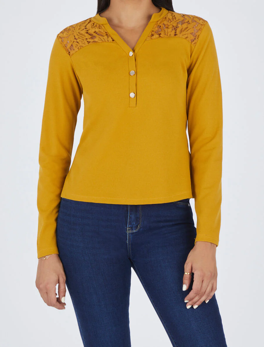 Effen blouse met kant - Mosterdgeel - Image 4