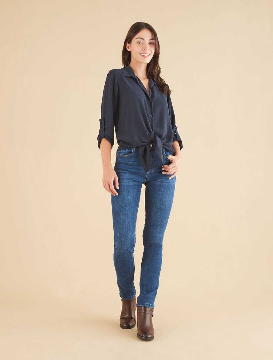 Effen blouse met striksluiting - Marineblauw - Image 4