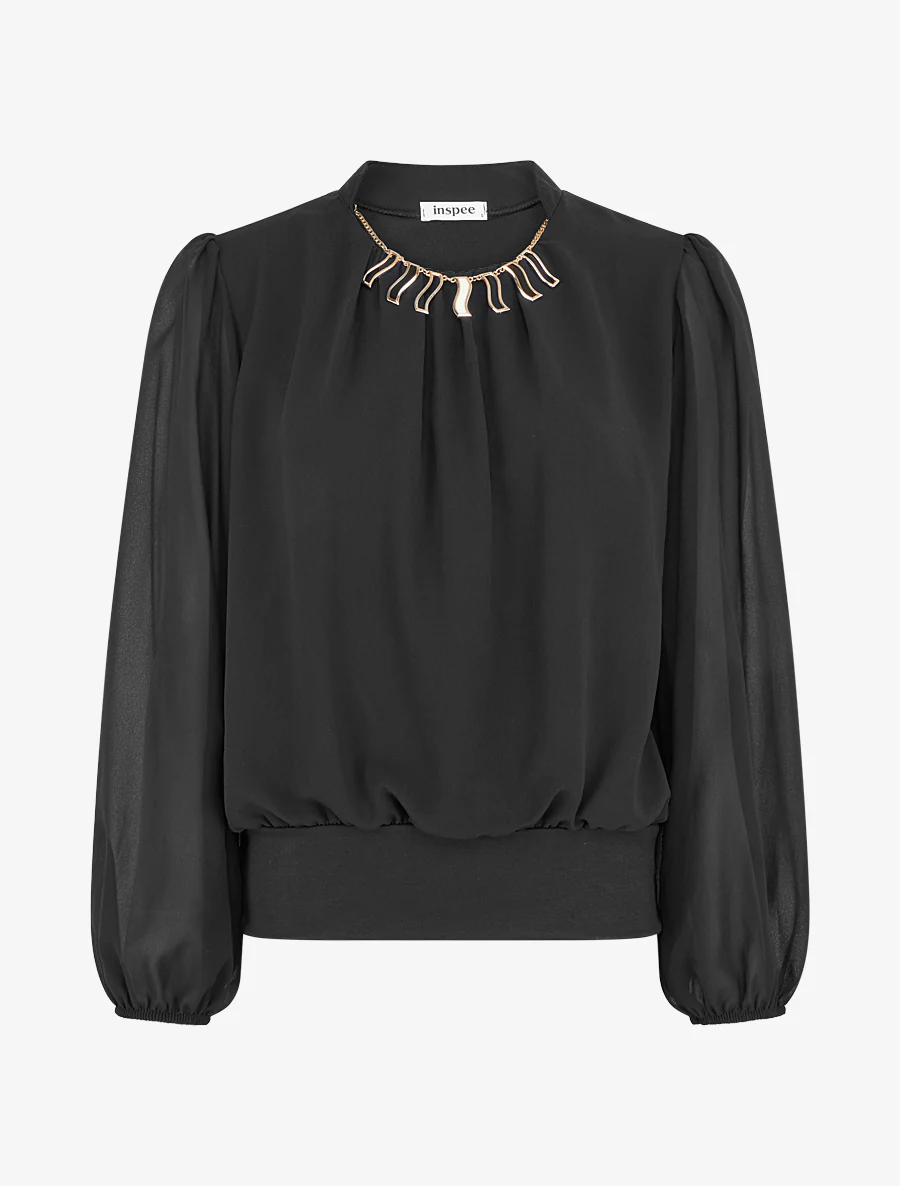 Effen blouse van voile met kraaginzet - Zwart