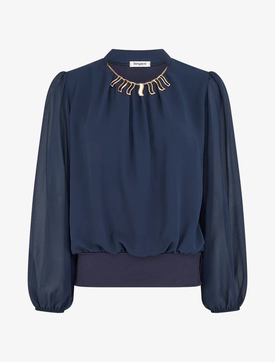 Effen blouse van voile met kraaginzet - Marine