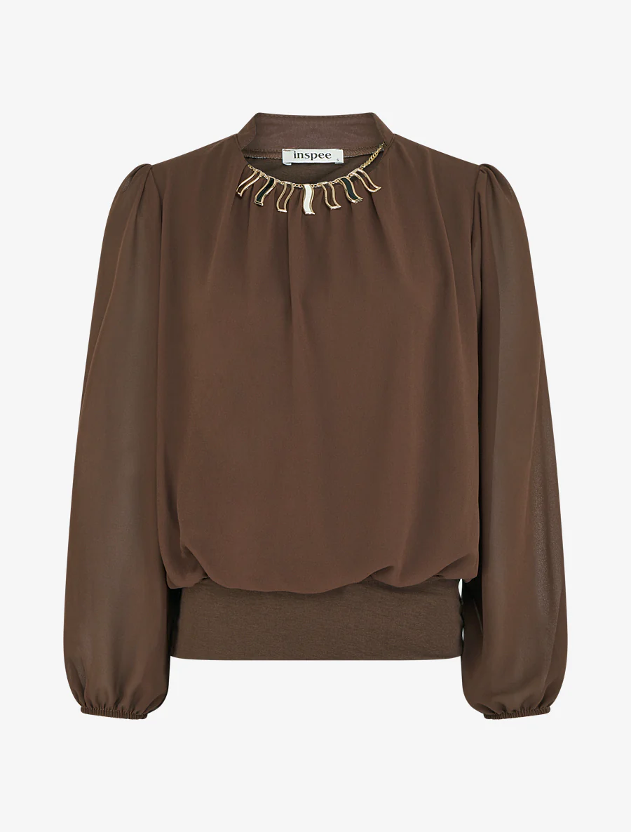 Effen blouse van voile met kraaginzet - Bruin
