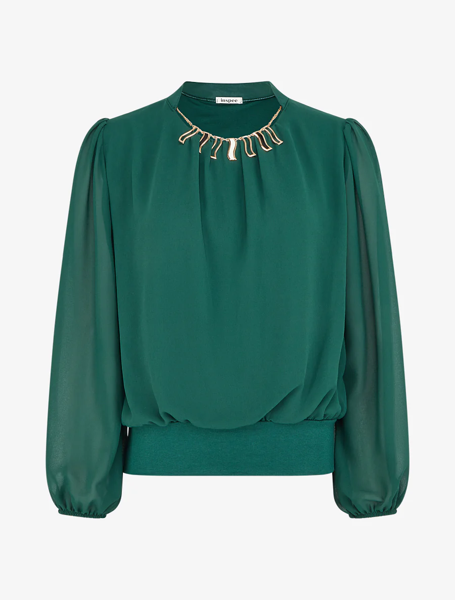Effen blouse van voile met kraaginzet - Dennengroen