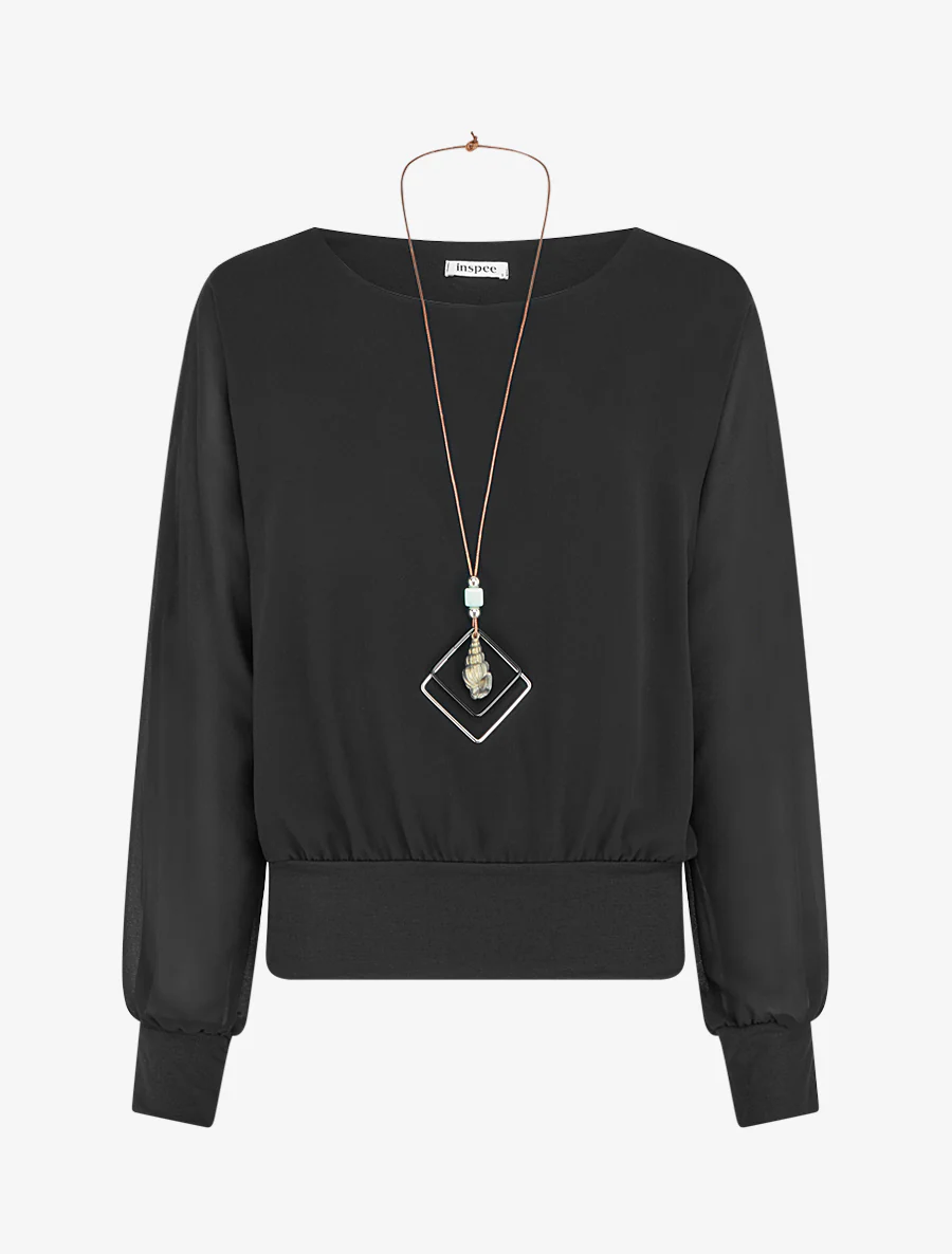 Effen blouse van voile met lange mouwen - Zwart