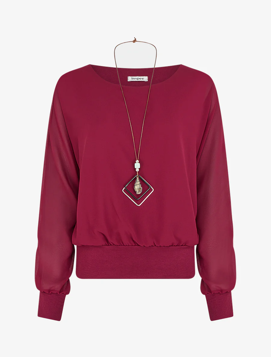 Effen blouse van voile met lange mouwen - Wijnrood
