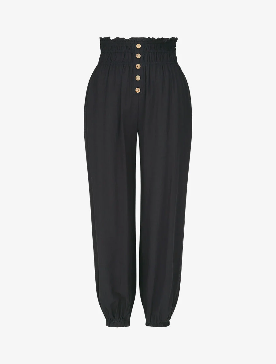 Effen broek met elastische randen en sierknopen - Marineblauw