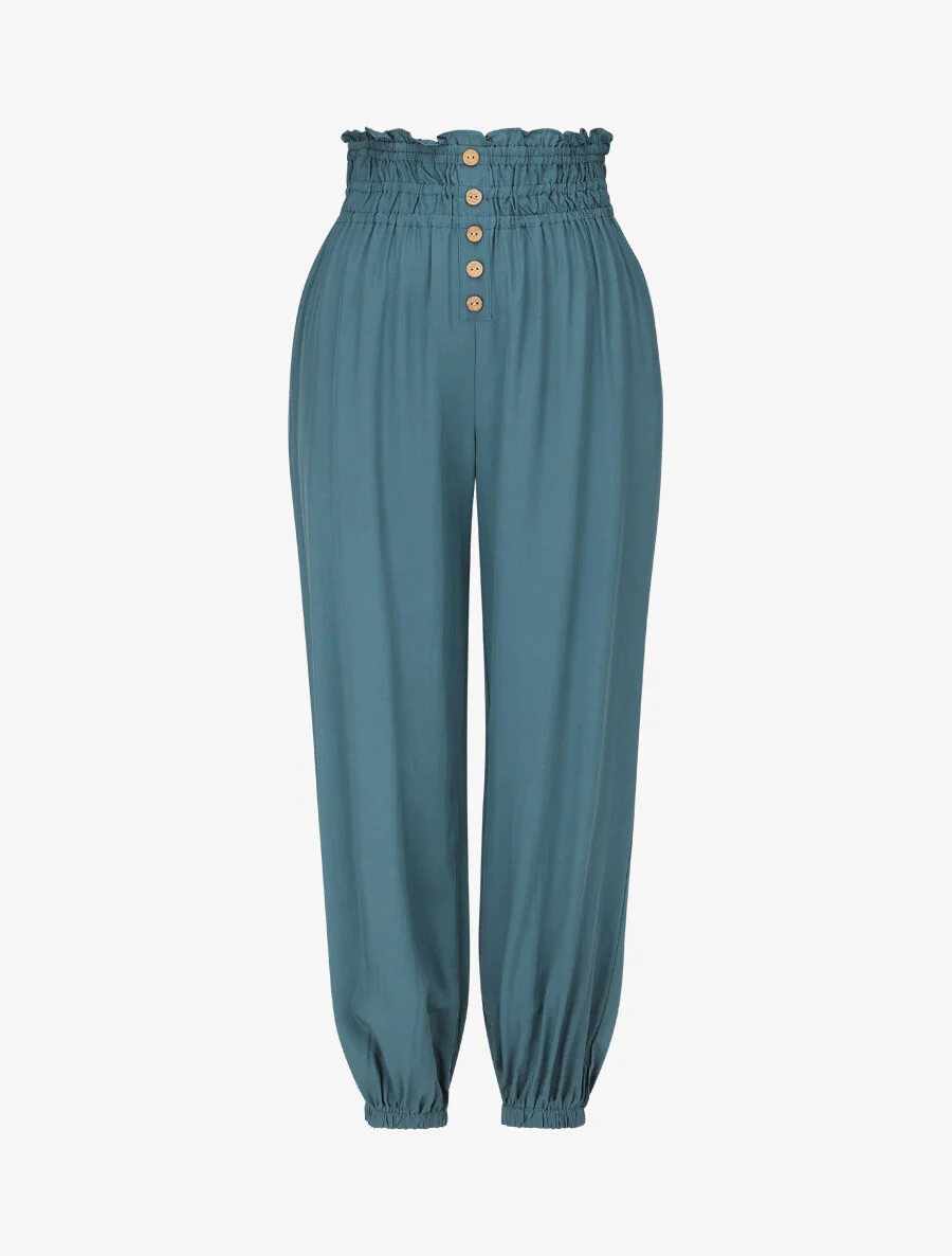 Effen broek met elastische randen en sierknopen - Blauwgroen