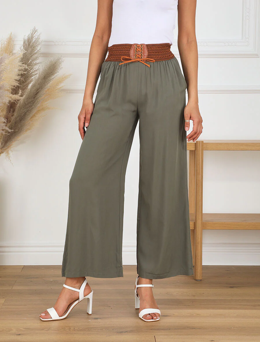 Effen broek met hoge taille. korset model - Khaki - Image 4
