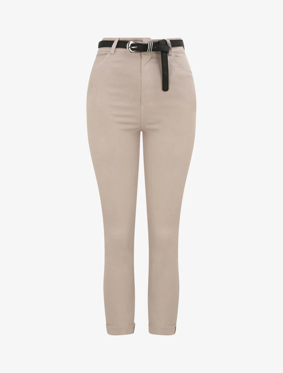 Effen broek met omgeslagen randen - Beige