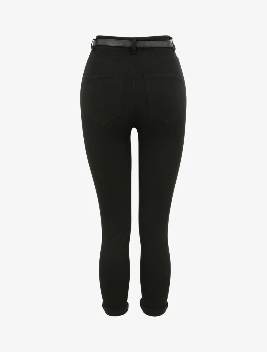 Effen broek met omgeslagen randen - Zwart - Image 2
