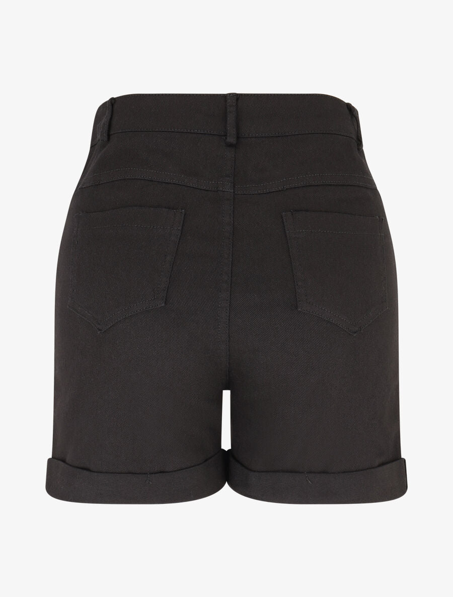 Effen denim shorts met omslag - Zwart - Image 2