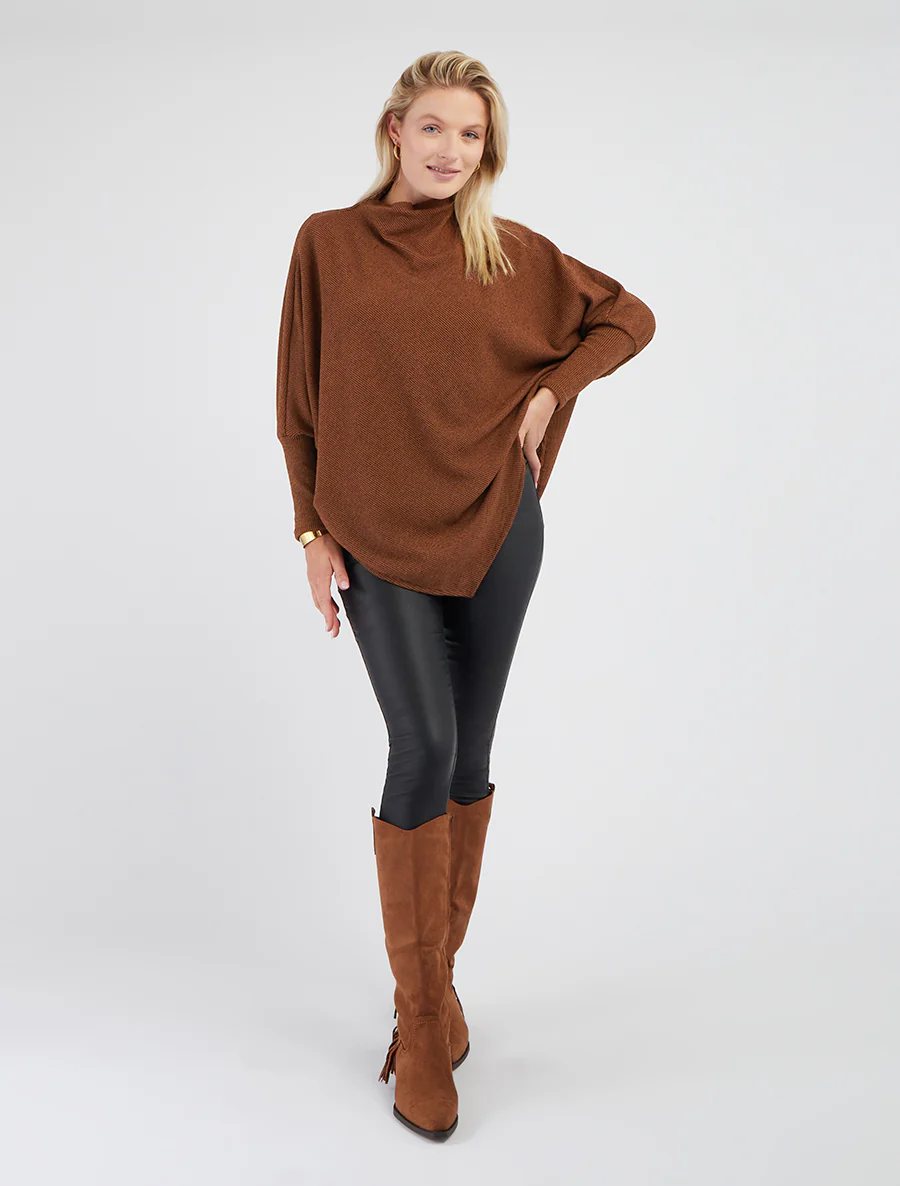 Effen dunne poncho met lange mouwen - Bruin - Image 4