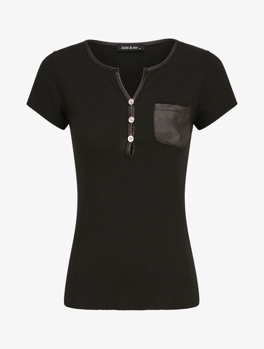 Effen geribbeld T-shirt - Zwart