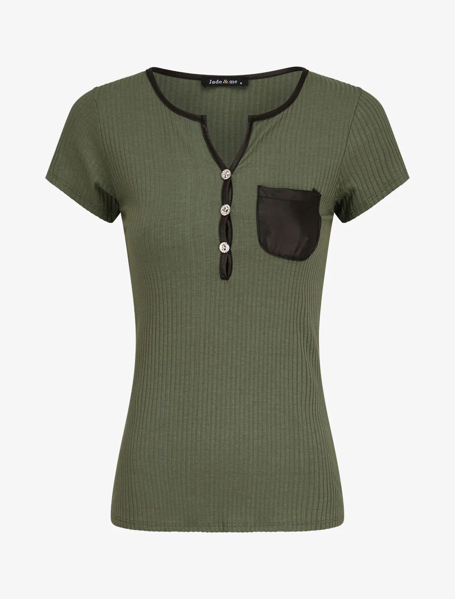 Effen geribbeld T-shirt - Kakigroen
