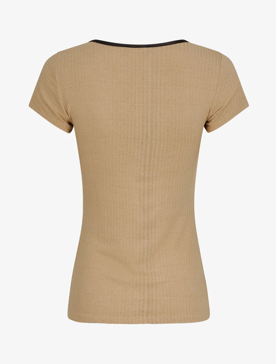 Effen geribbeld T-shirt - Beige - Image 2