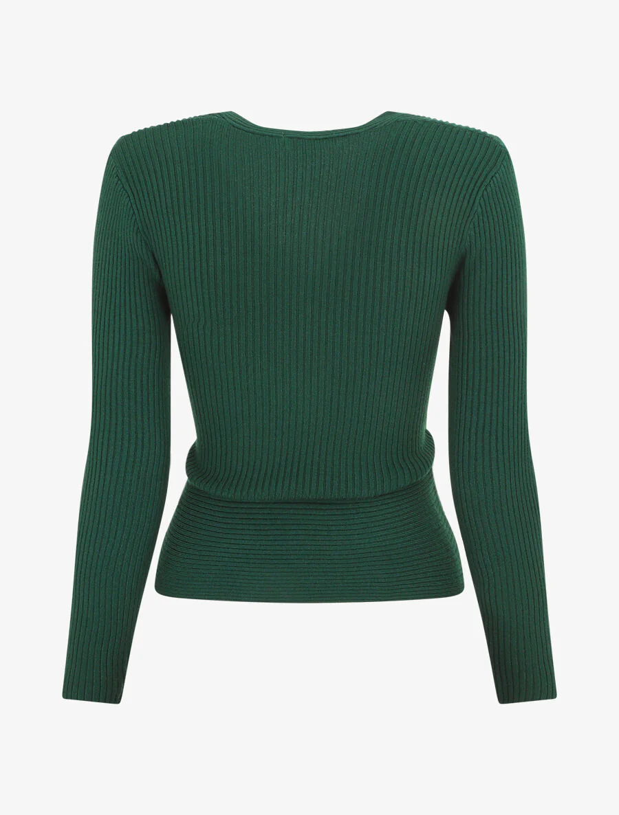 Effen geribde trui met omslagkraag - groen - Image 2