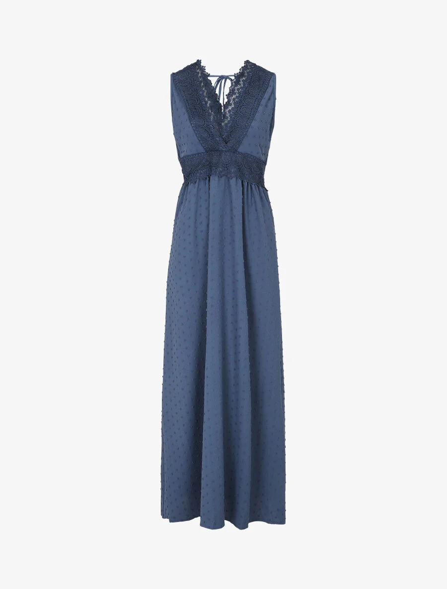 Effen. gestextureerde lange jurk - blauw