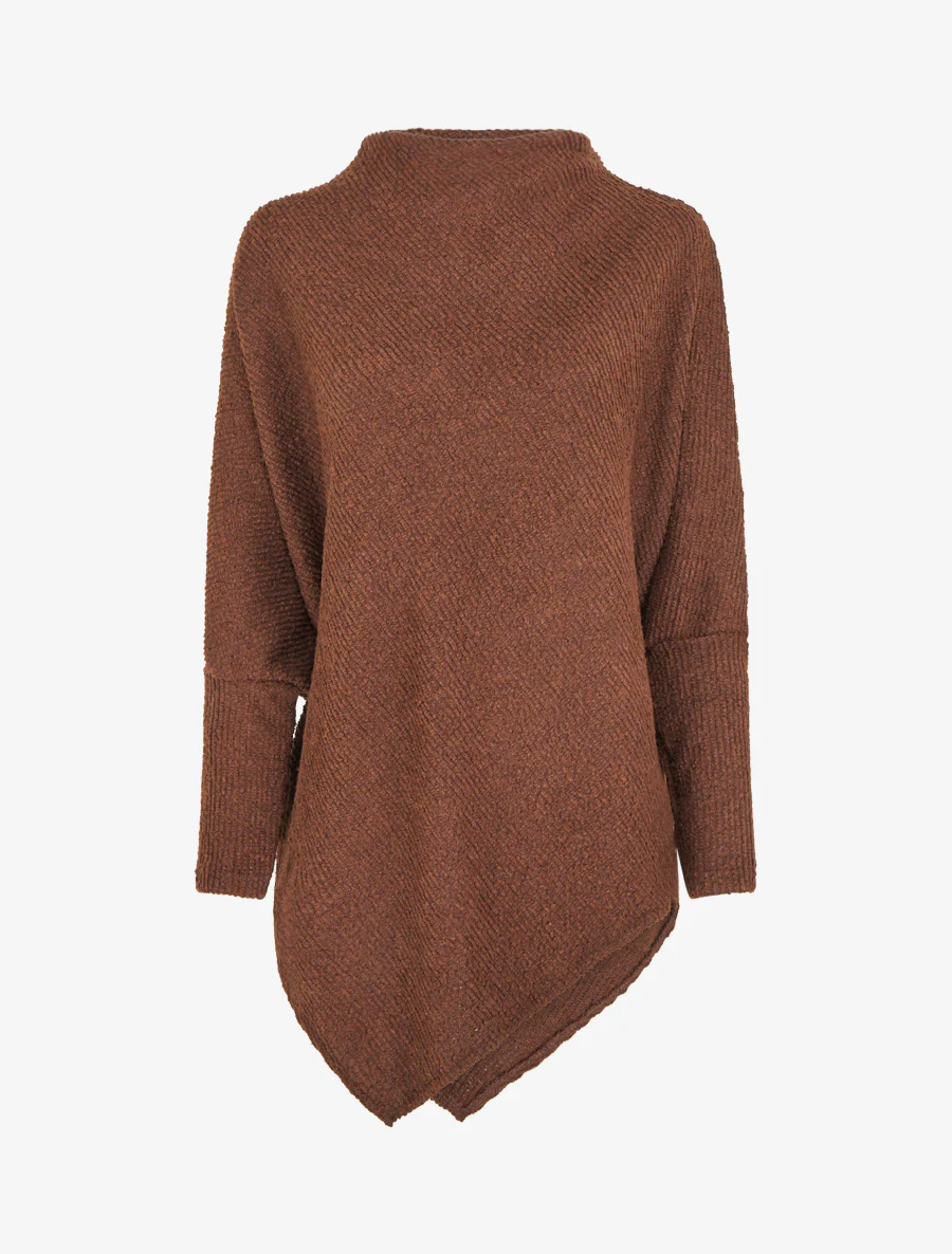 Effen gestructureerde poncho met lange mouwen - Bruin